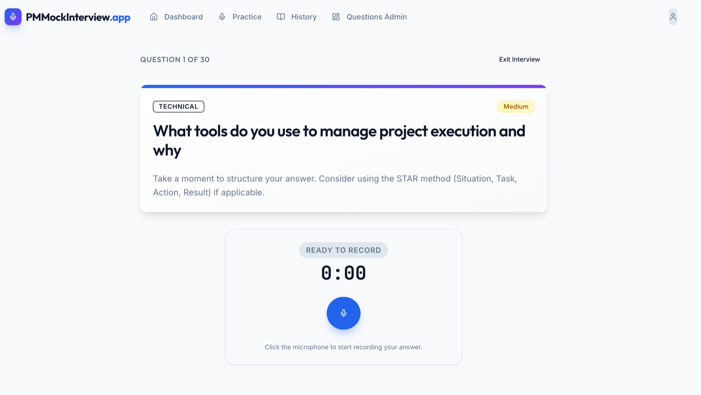 PrimeITPM AI mock interview — a technical PM question with a voice-record prompt, part of the 30-question bank